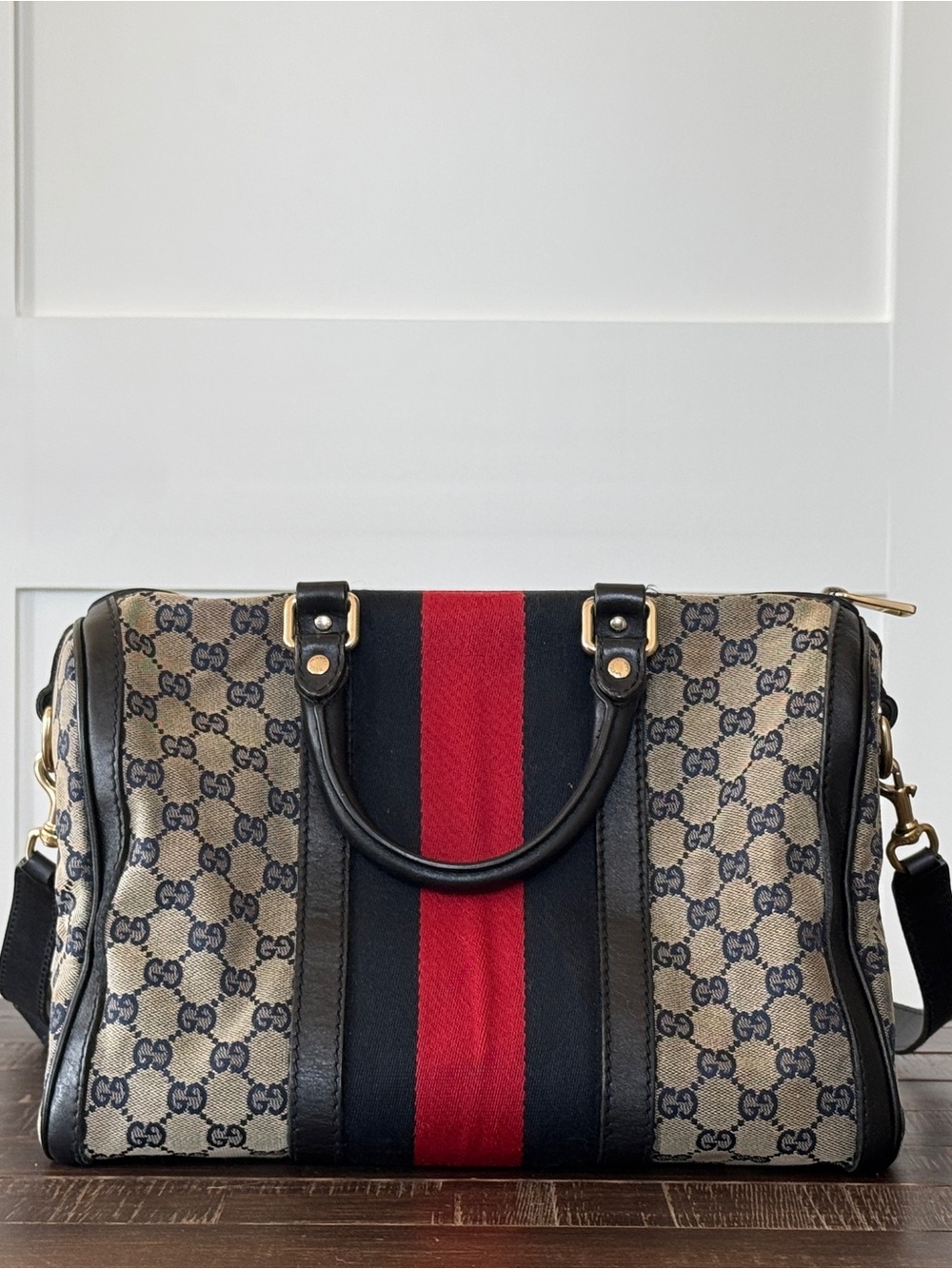 Gucci Beige GG Supreme Duffel with Red & Navy Stripe